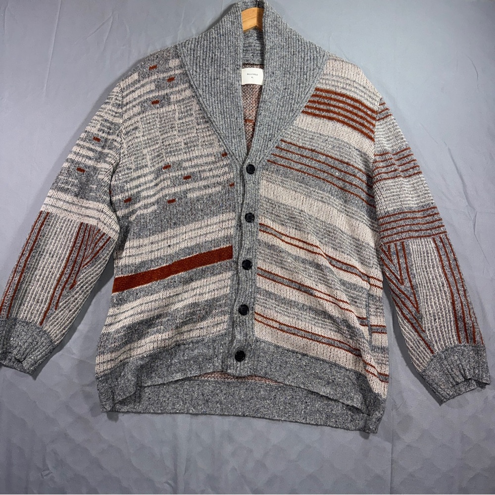 Billy Reid Sweater Mens XL Gray Shawl Collar Cardigan Silk Wool Striped Knit